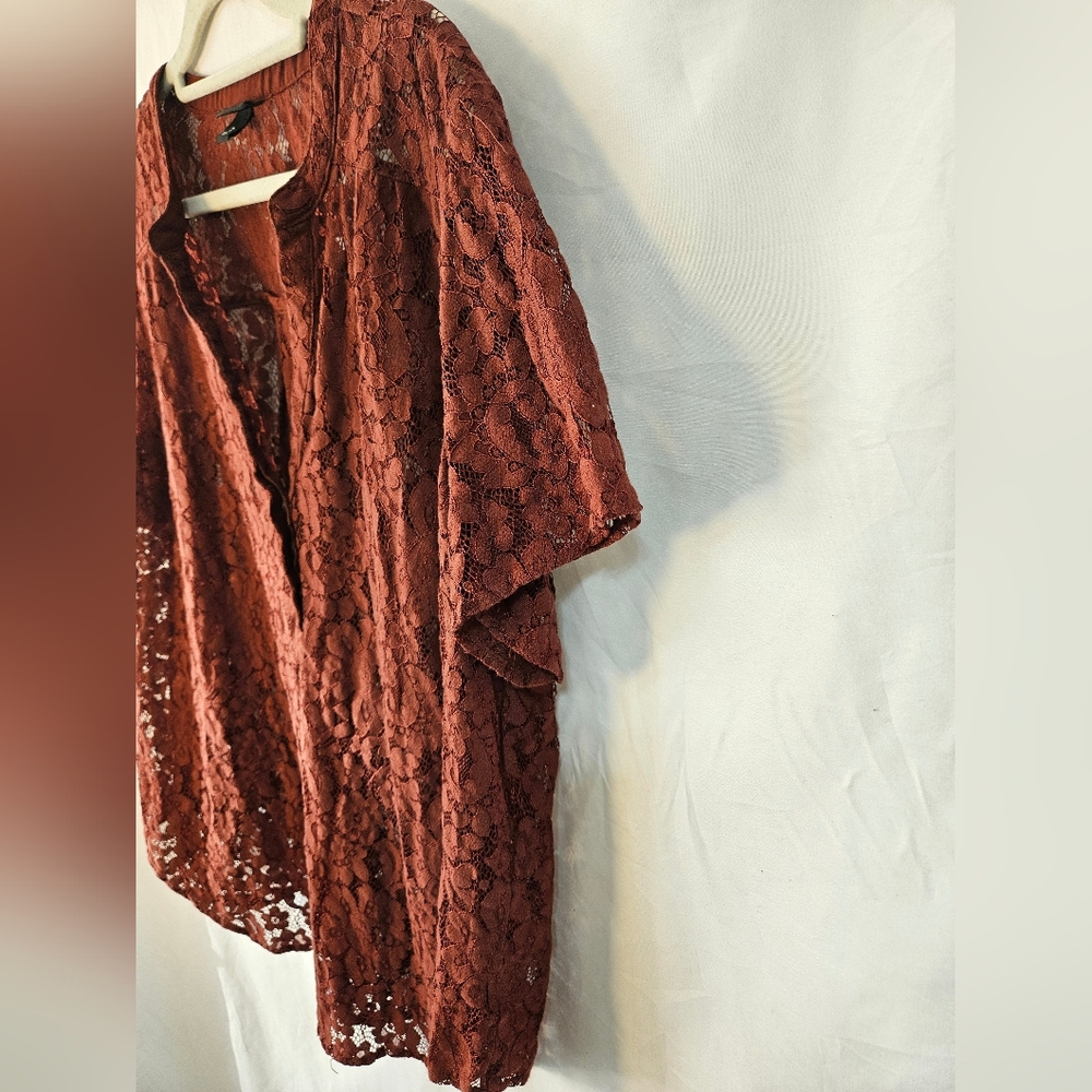 Torrid Rust Floral Lace Blouse Size 2 Plus Size Boho Sheer V-Neck Short Sleeve - Picture 3 of 9